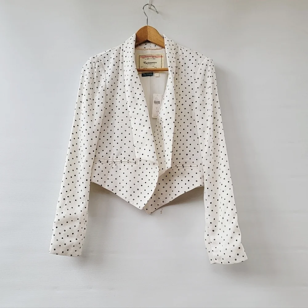 Anthropologie Cartonnier Polka Dot Blazer Size Small White Blue Bolero Jacket